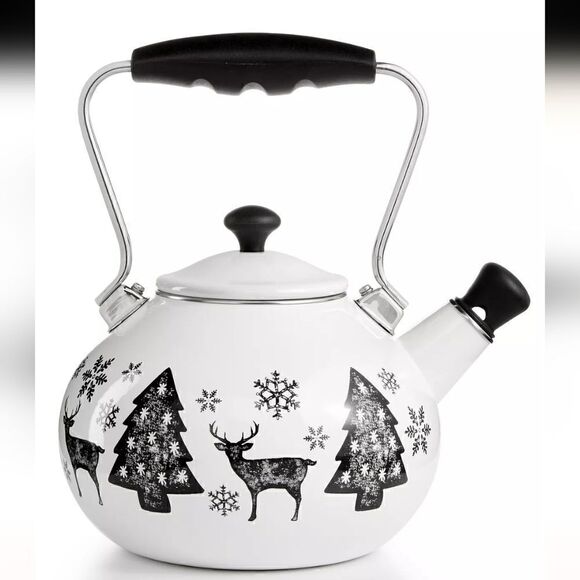 MARTHA STEWART HOLIDAY TEAKETTLE WHITE WITH BLACK REINDEER TREES SNOWFLAKES